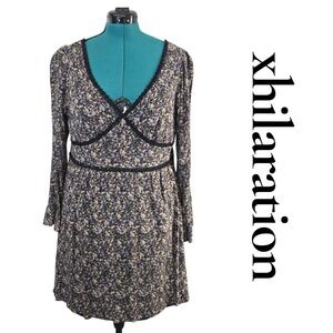 Xhilaration Floral Print V Neck Long Sleeve‎ Criss Cross Back Mini Dress XXL